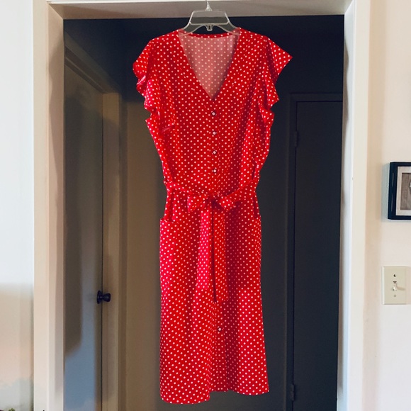 Red Polka Dot Midi Dress Size Lg - Picture 1 of 6